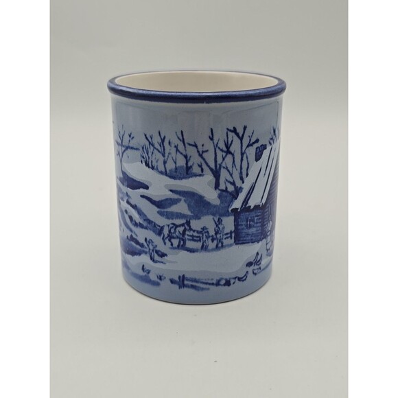 Otagiri Coffee Mug Cup Cobalt Blue on Blue Barn Winter Cabin Scene Made in Japan - Picture 4 of 9